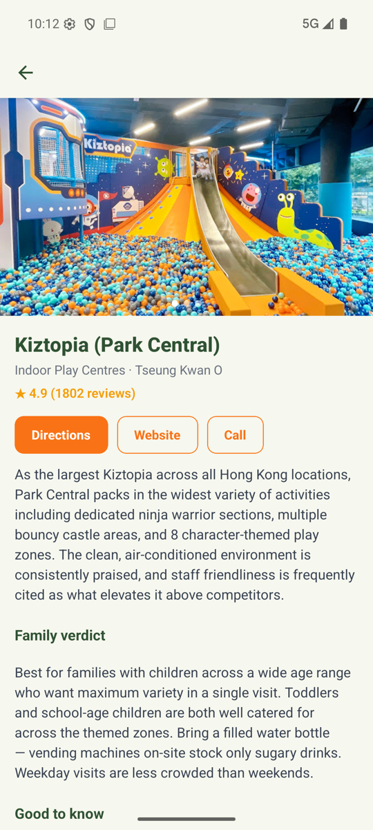 Family Action app — venue detail with directions, website and call