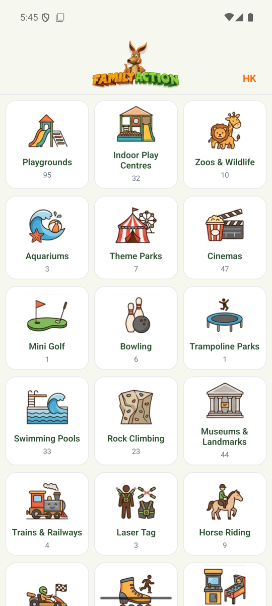 Family Action app โ the category grid of things to do